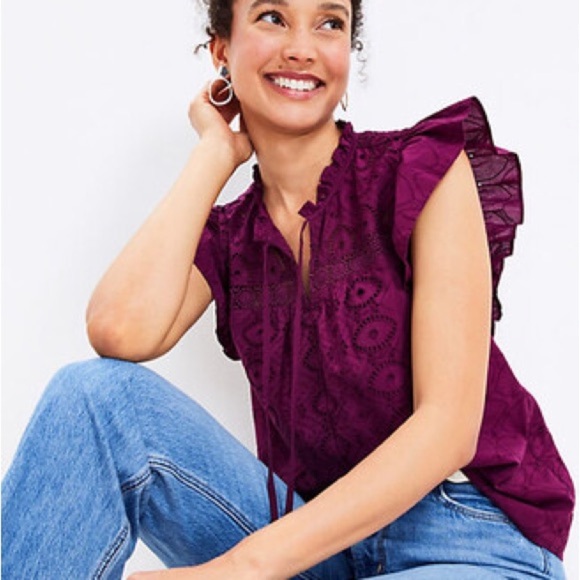 LOFT Tops - LOFT Deep Purple Eyelit Blouse with Ruffle Sleeves
